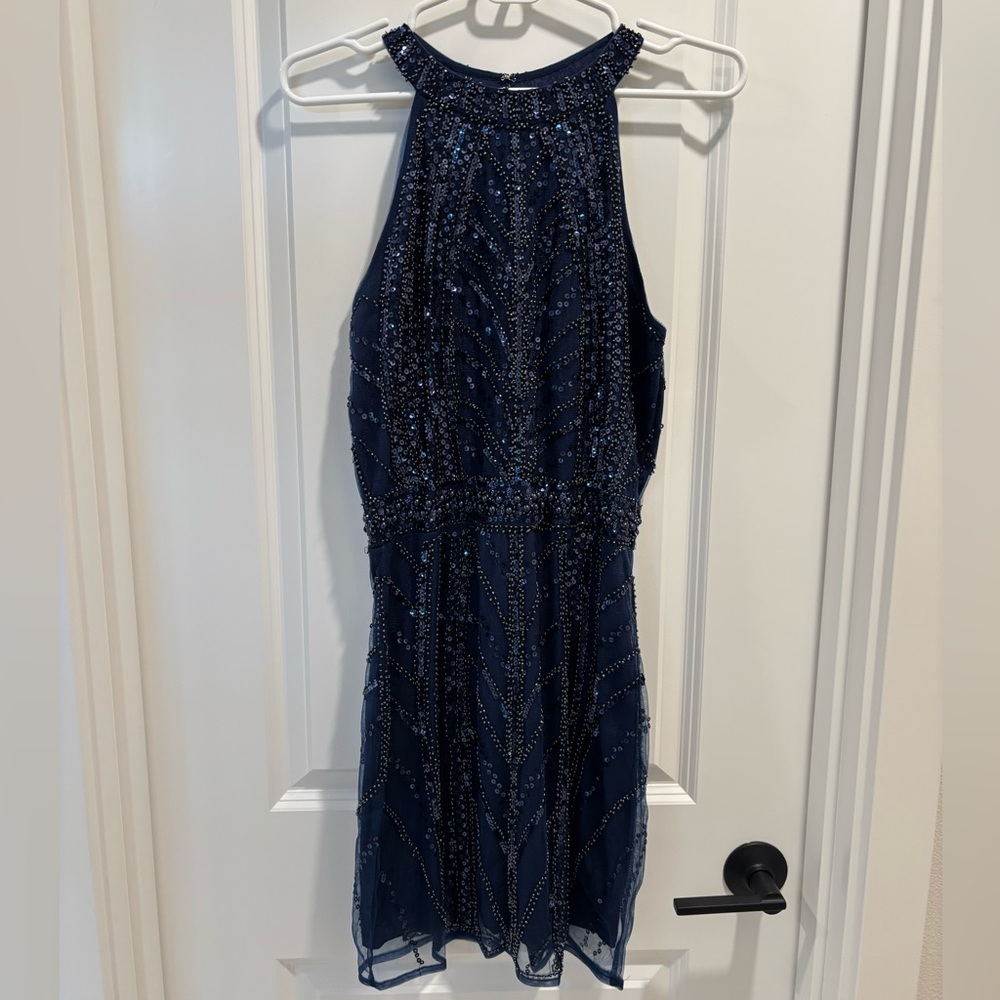 Minuet Navy Blue Beaded Cocktail Dress